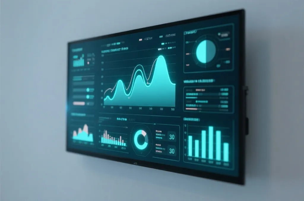 A glowing digital screen displaying abstract statistical graphs and glowing data charts, modern minimalist aesthetic