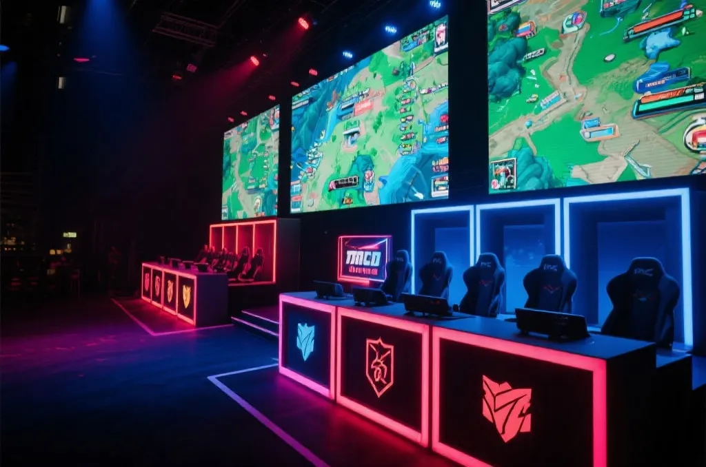 A professional esports tournament stage with neon lights and giant screens