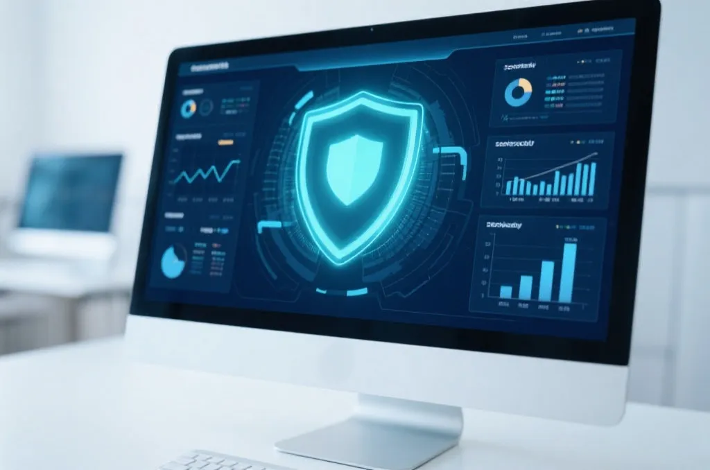 A clean and modern cybersecurity dashboard on a computer screen displaying a glowing shield icon and abstract data charts